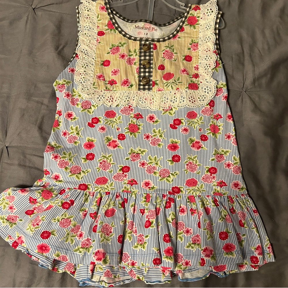 Mustard Pie Pink and Blue Blouse with Lace and Ruffle Hem